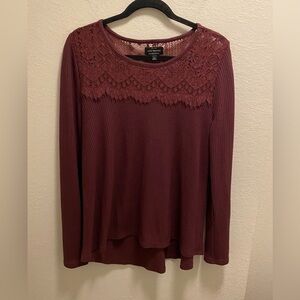 Lucky Brand maroon waffle long sleeve shirt with lace detailing